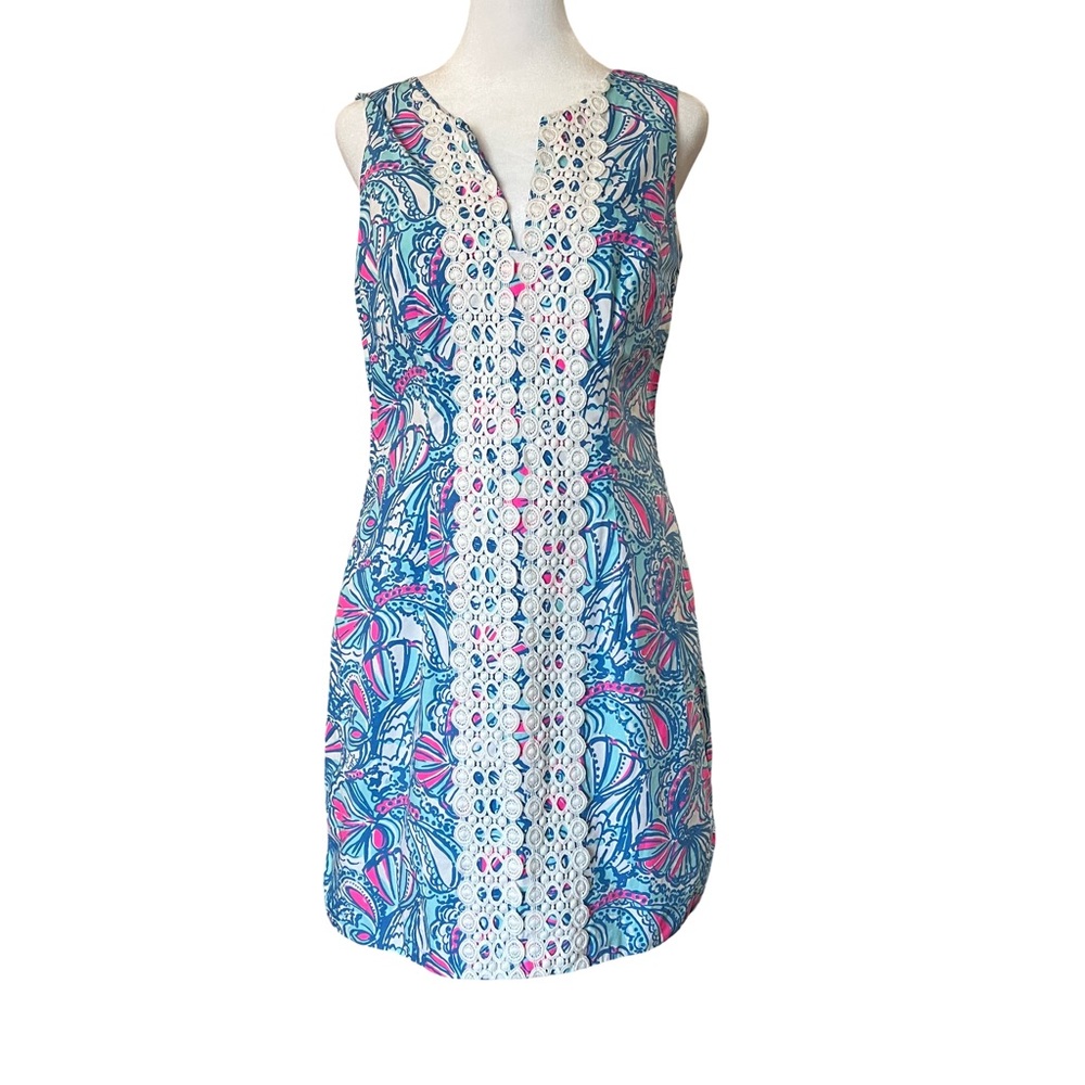 Lilly Pulitzer blue, pink and white multi vibrant 
Sleeveless Dress